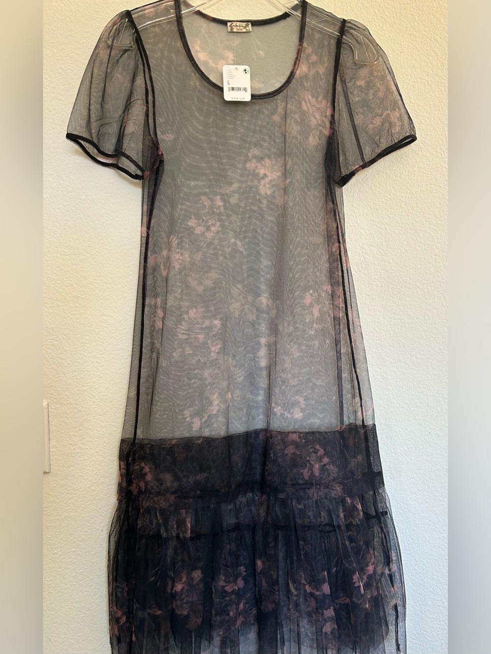 Free people Sheer Black Mesh women Dress with Pink Floral Underlay